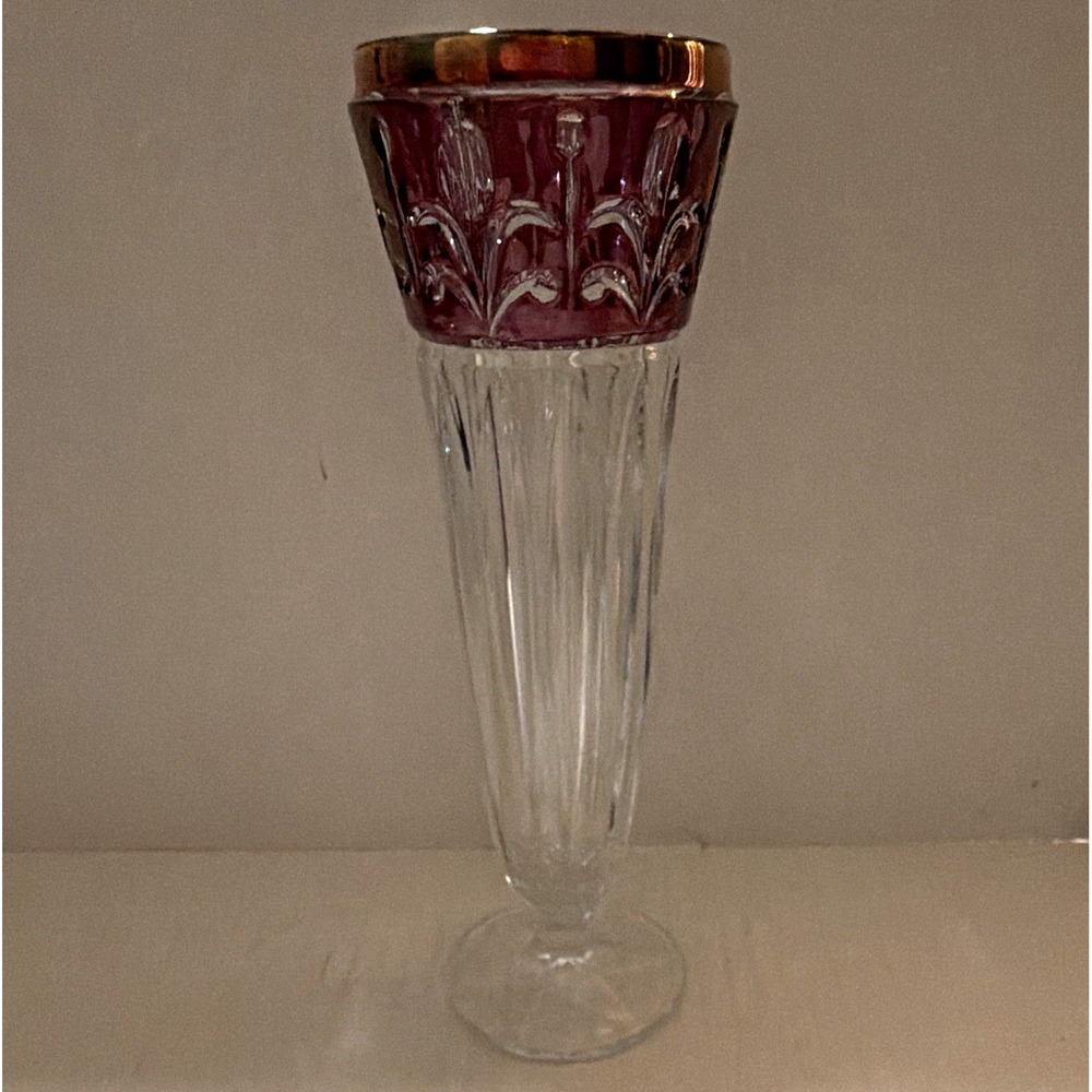 Vintage Anna Hütte Style Lead Crystal Vase Gold Trim Ruby Flash Floral 9"